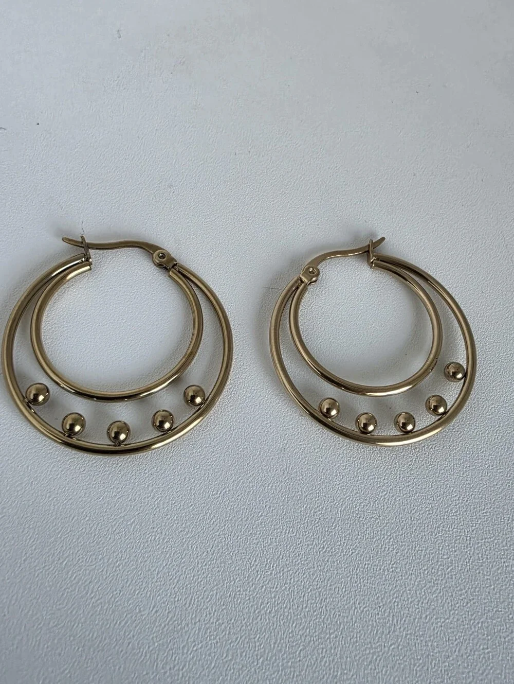 Stainless Steel Gold Double Hoop Beaded Earrings | Modern Minimalist Hoops - Picture 2 of 4